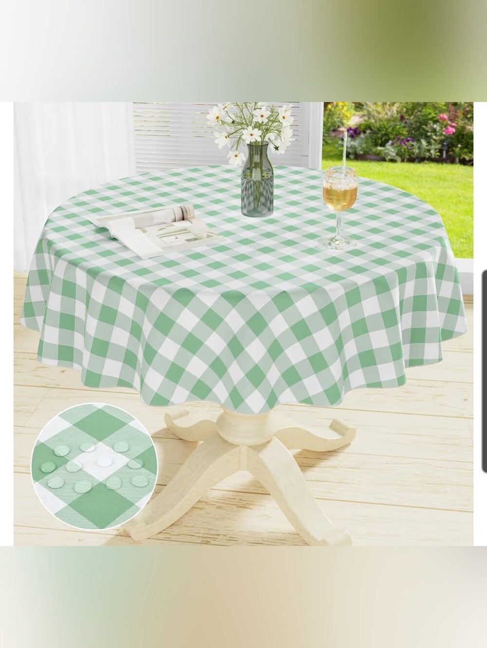 Sage Green Gingham Round 60"Tablecloth  Vinyl With Flannel Back